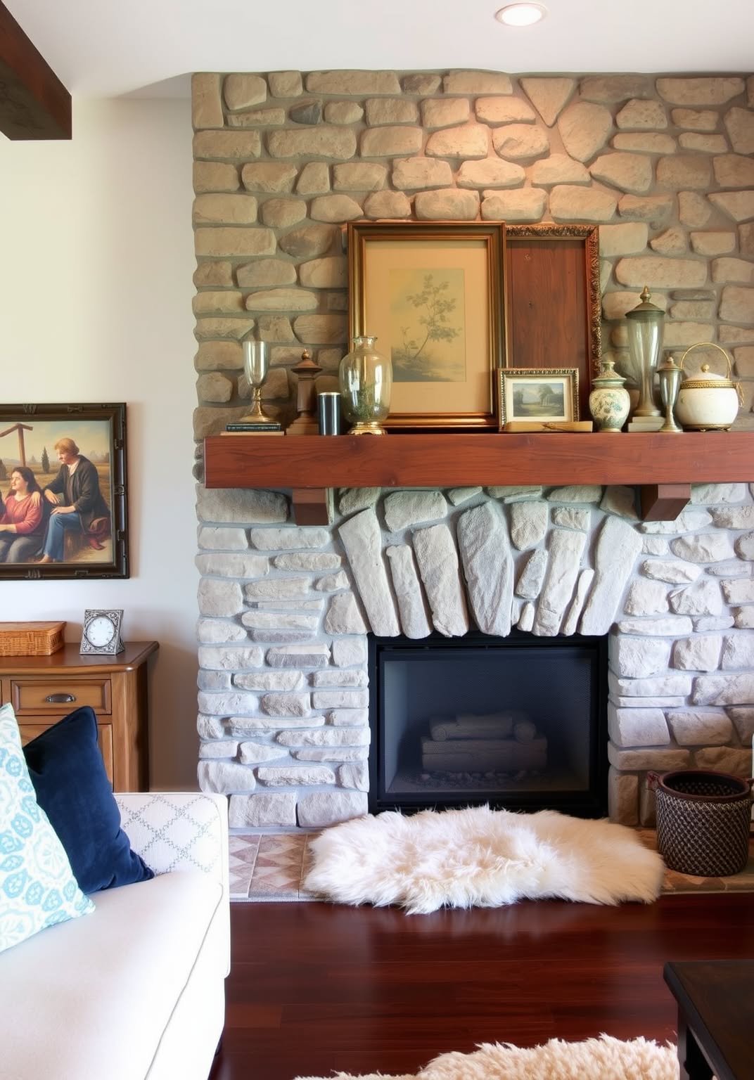 11. Rustic Stone Fireplace with Wooden Mantel