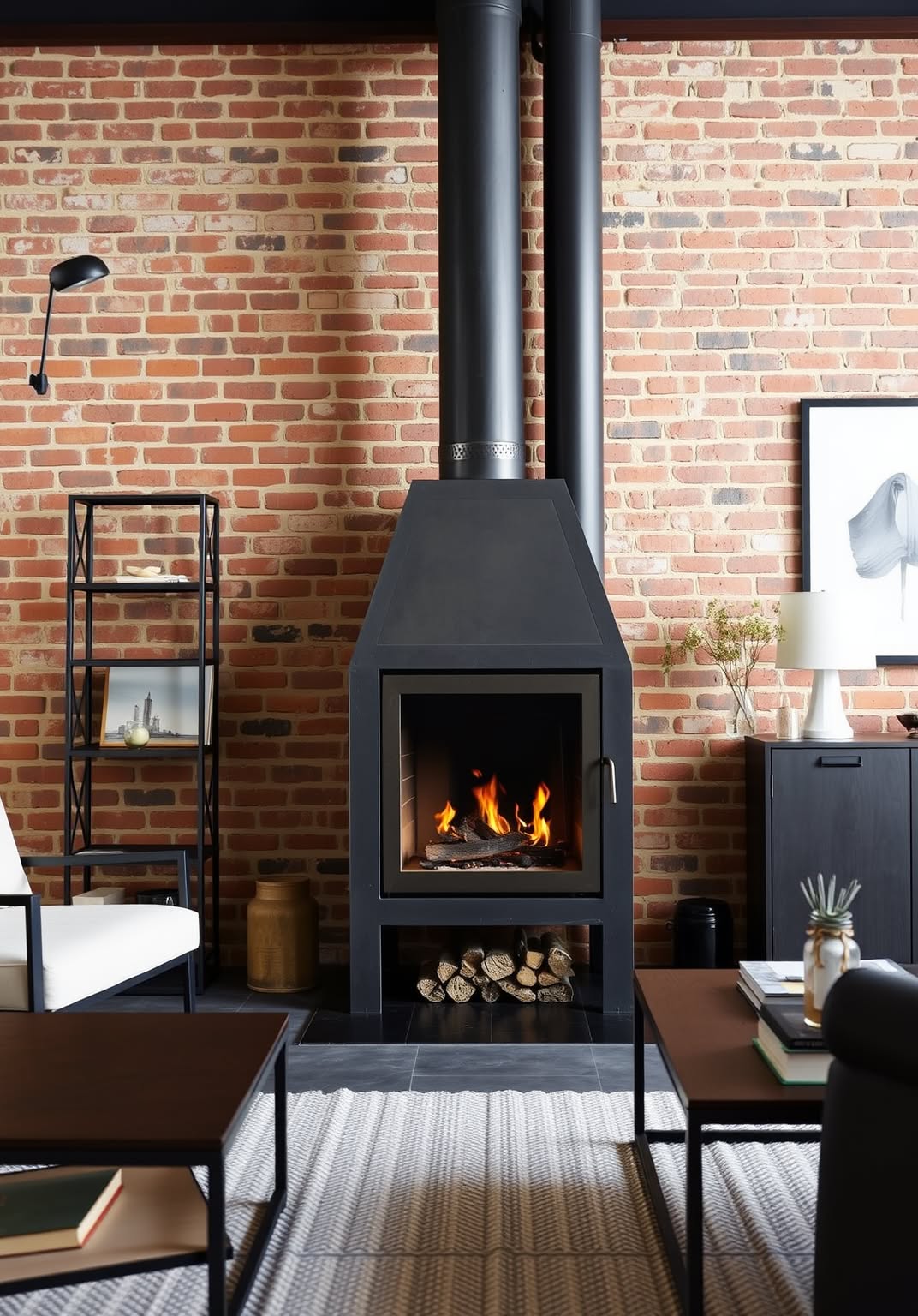 14. Industrial Metal Fireplace with Exposed Brick