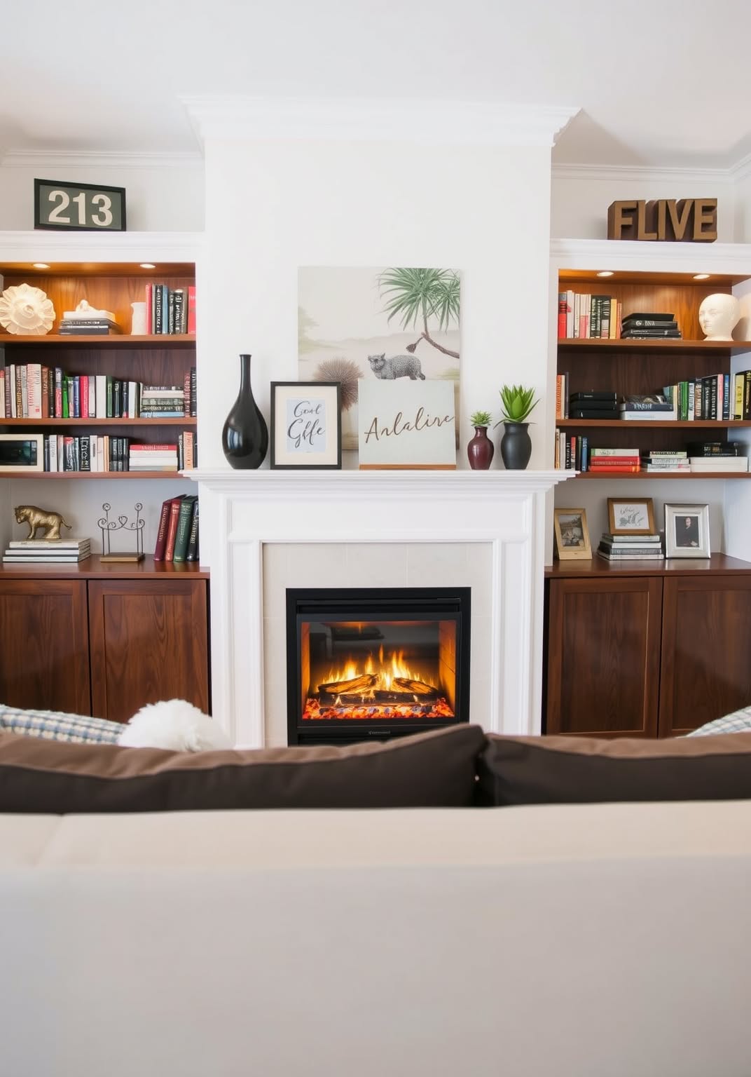 15. Electric Fireplace with Built-In Shelving