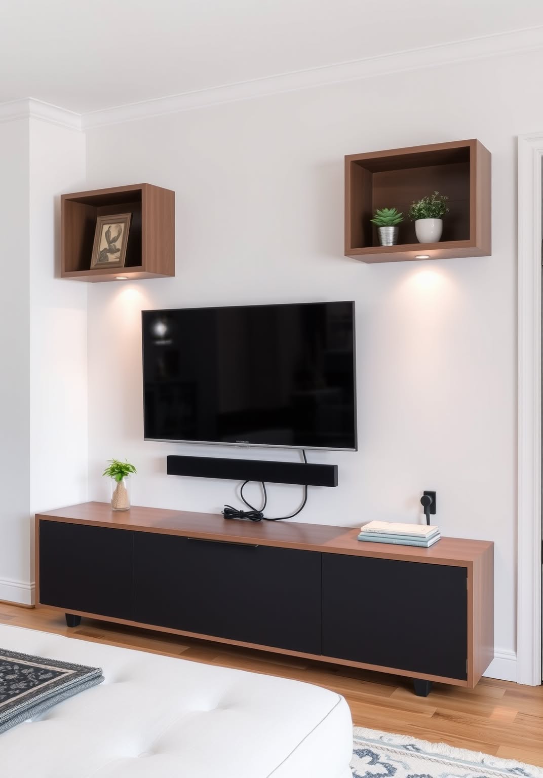 16. Minimalist Floating Shelves with Hidden Wiring
