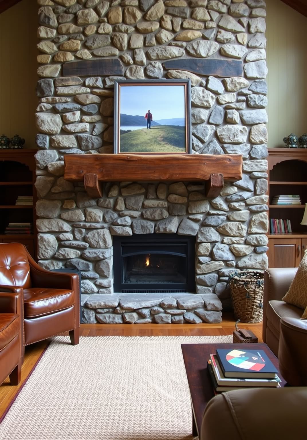 6. Rustic Stone Fireplace for a Cozy Cabin Vibe