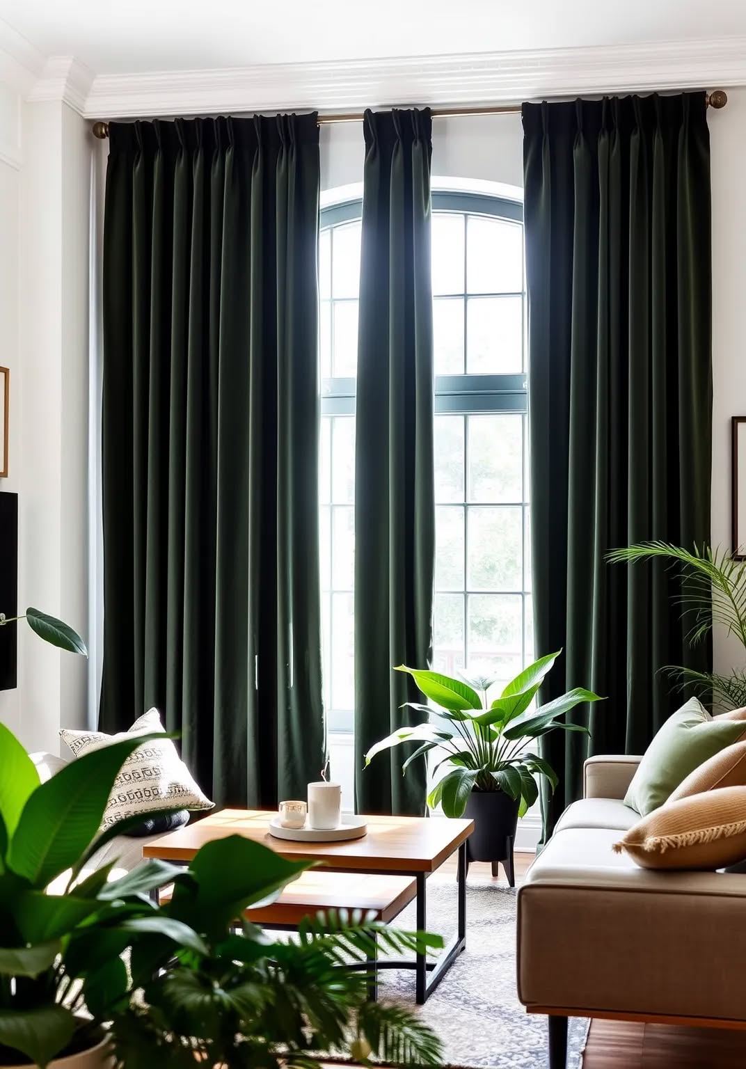 14. Use Dark Green Curtains to Frame Your Windows