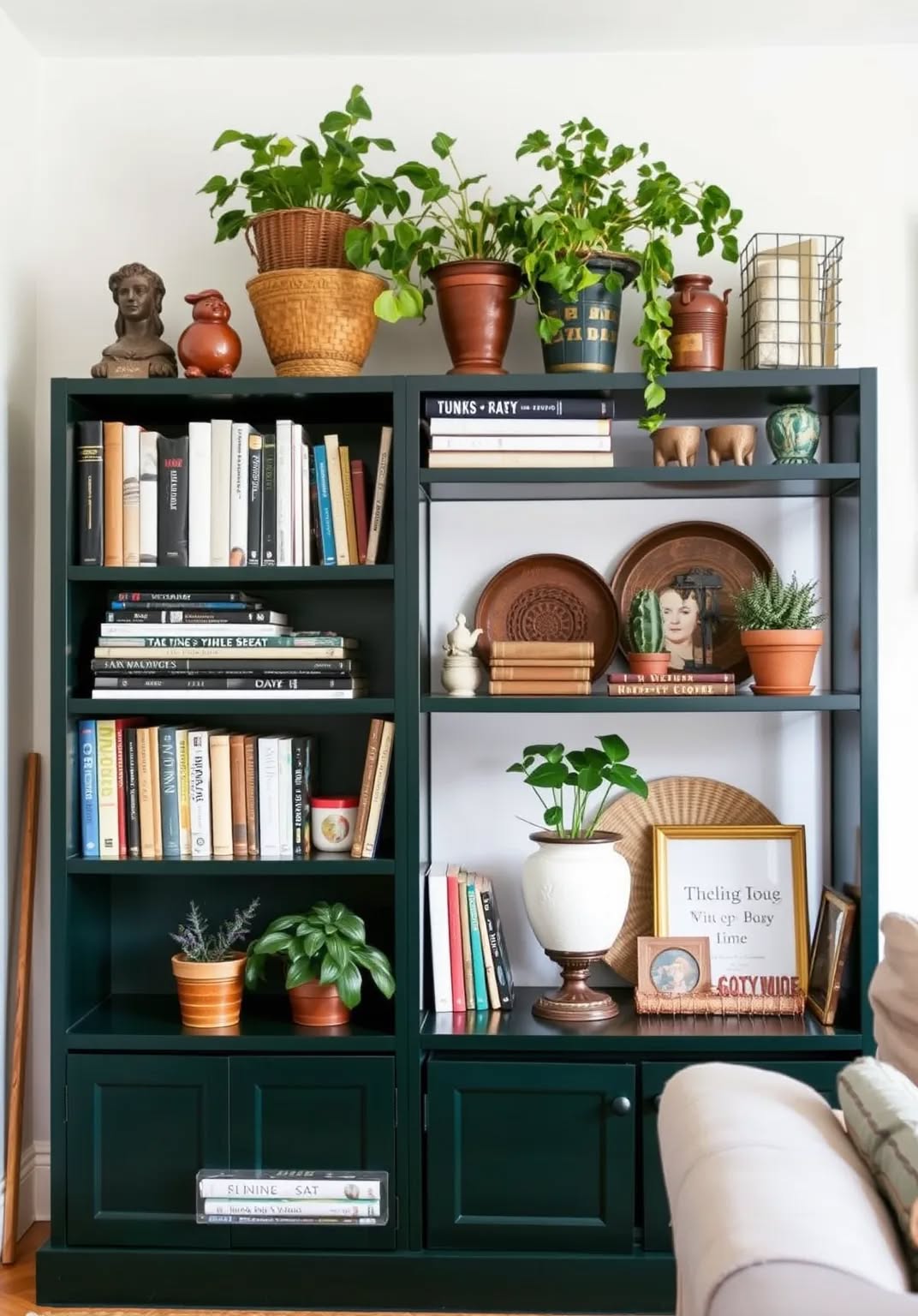 15. Style a Dark Green Bookshelf for a Vintage Feel