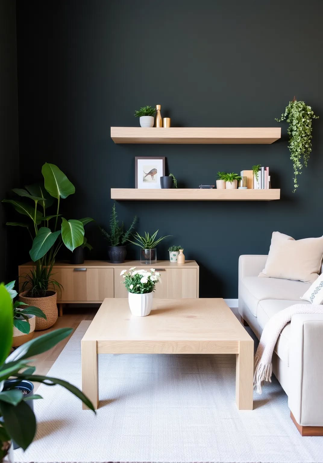 16. Pair Dark Green with Natural Wood Accents