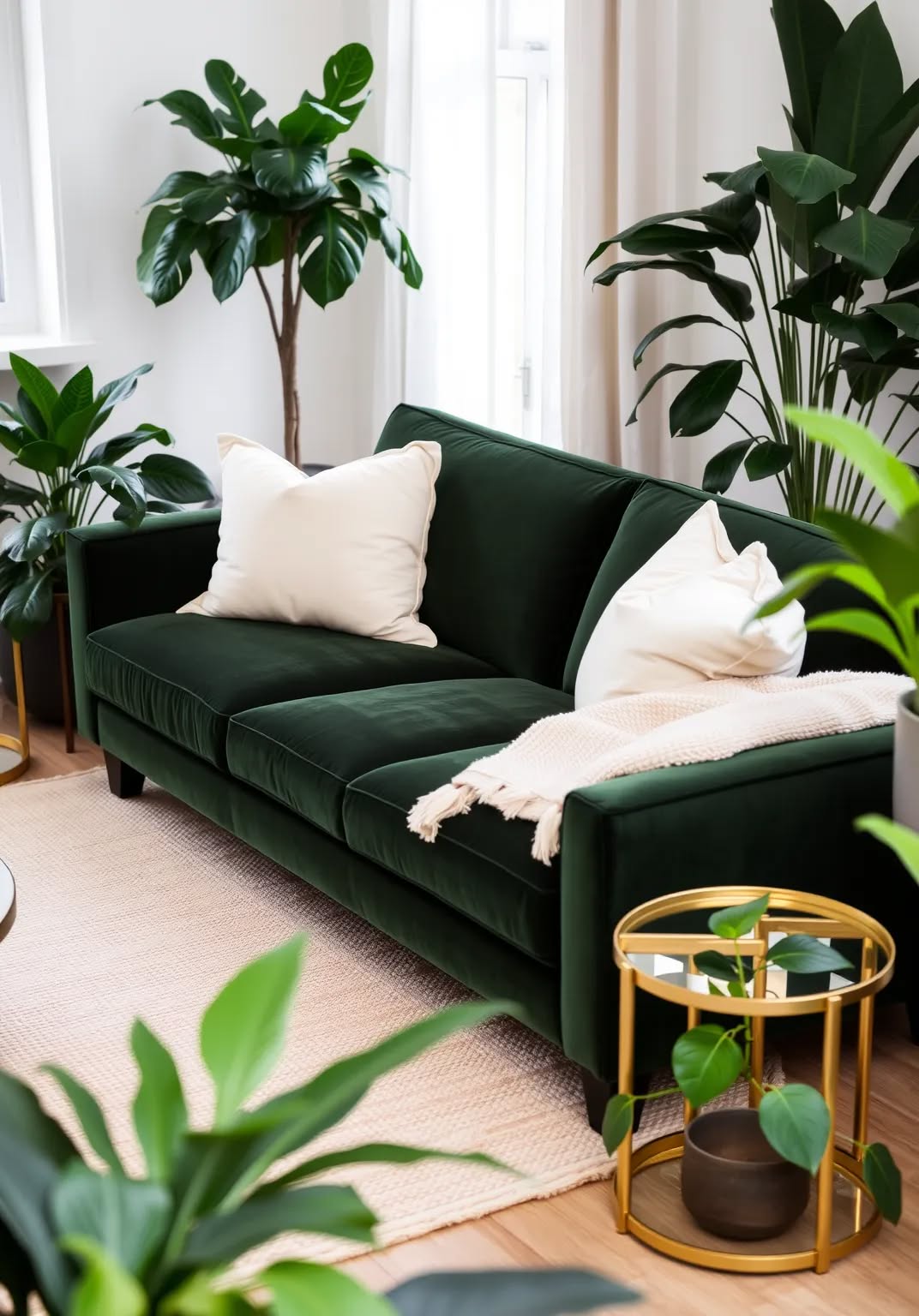 17. Add a Dark Green Velvet Sofa for Luxe Vibes