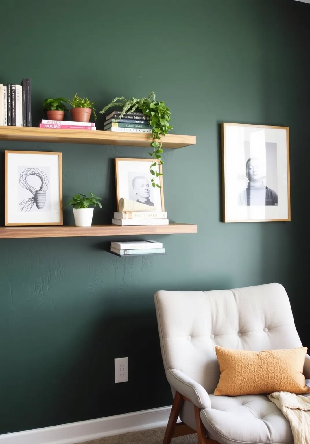21. Dark Green Accent Wall with Floating Shelves
