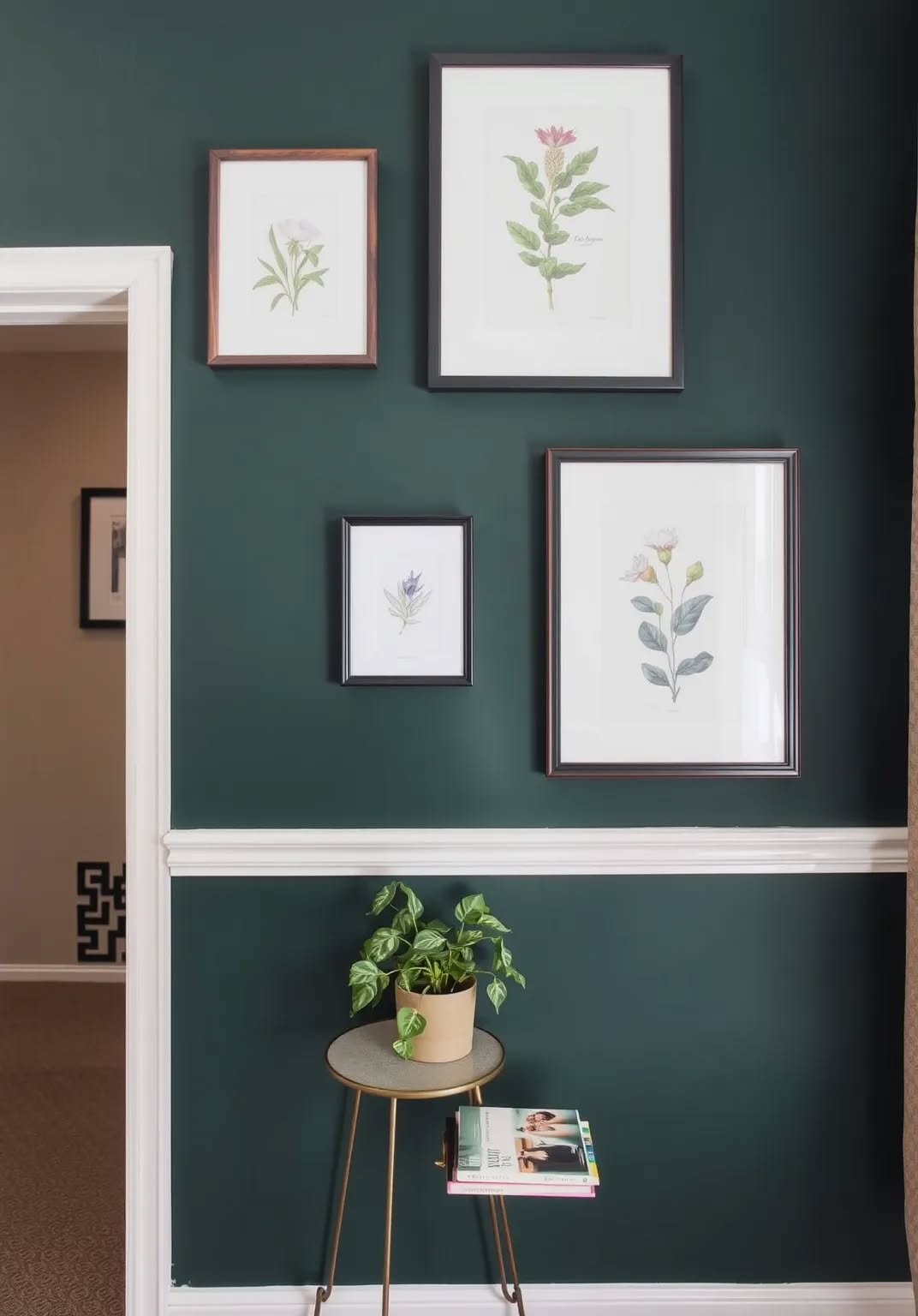 23. Botanical Artwork on Dark Green Walls