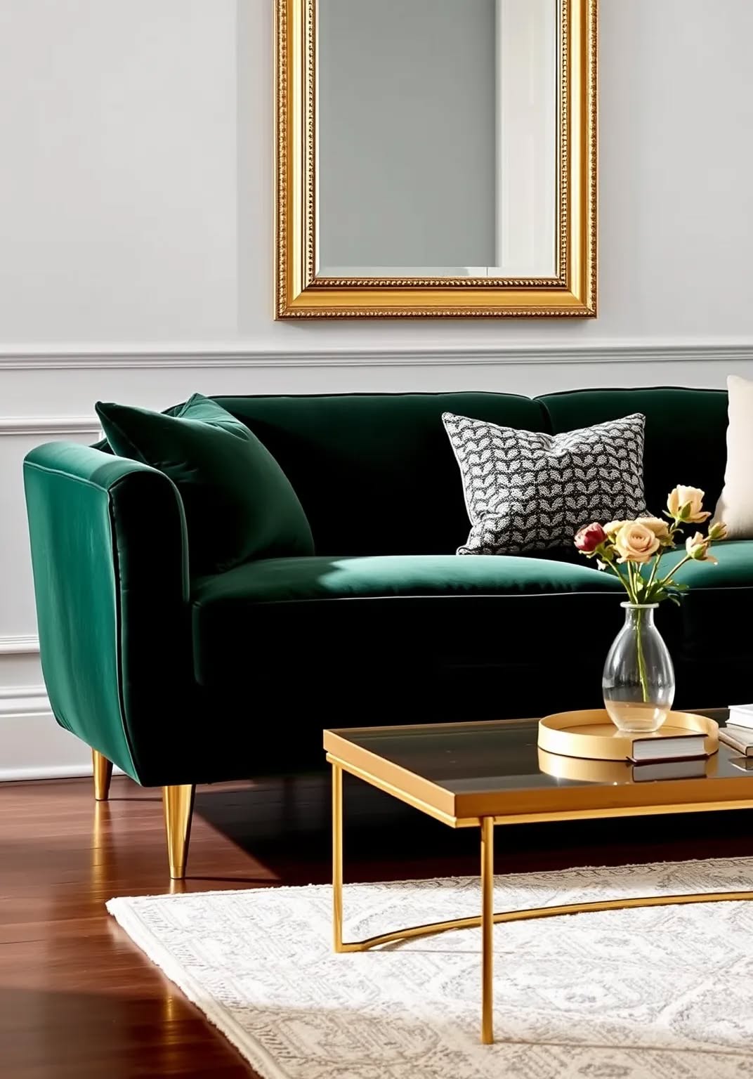 26. Dark Green Velvet Sofa with Gold Accents