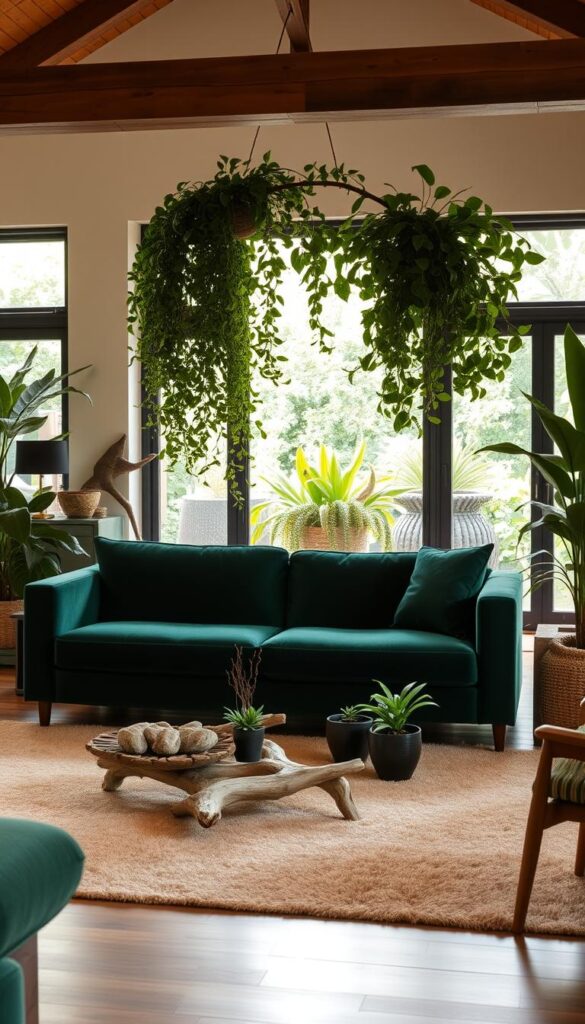dark green living room with natural elements dark green living room with natural elements