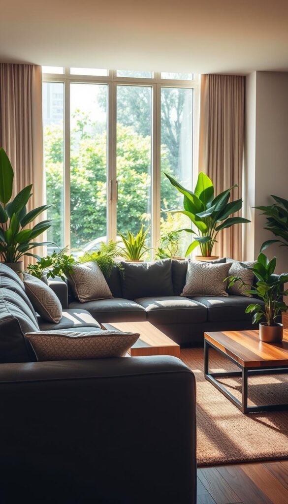 living room with gray sofa and plants living room with gray sofa and plants