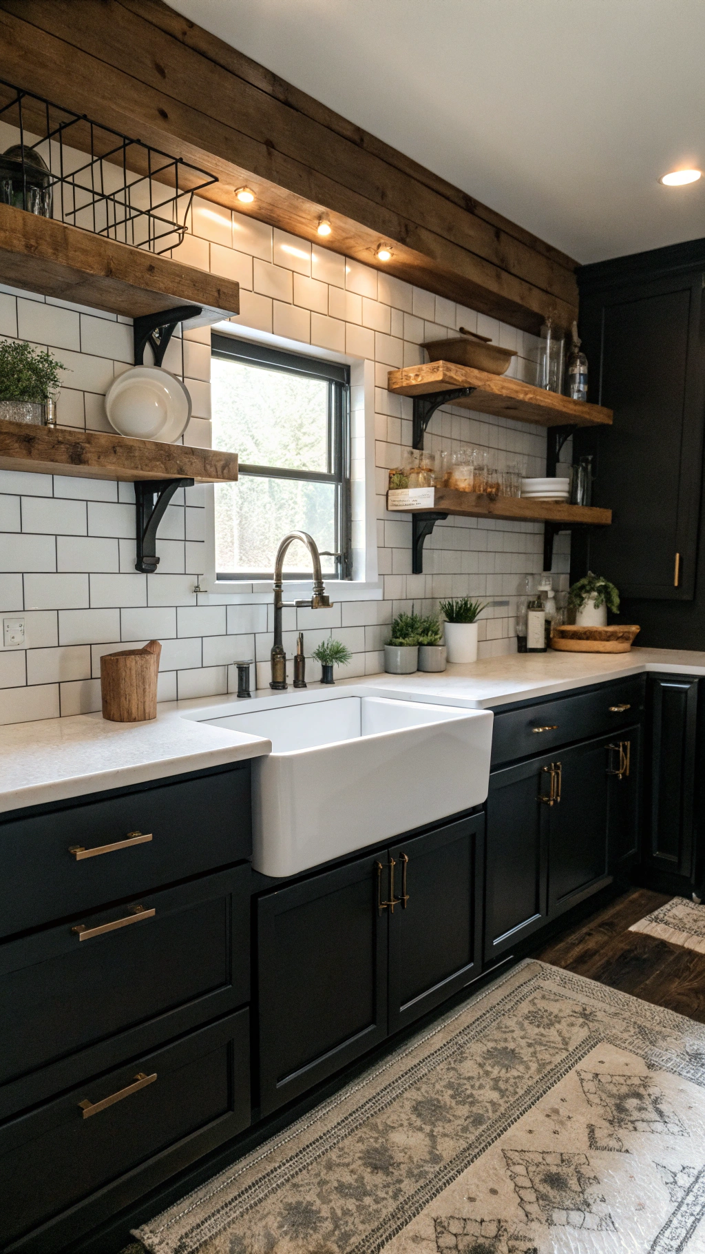 modern farmhouse kitchens black: Rustic Wood Floating Shelves in a Dark Farmhouse Kitchen