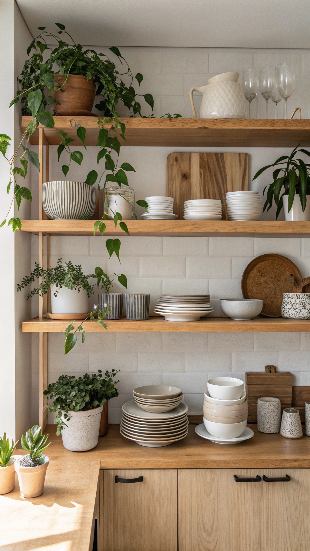 japandi kitchen cabinet design: Wood Shelving Ideas for a Japandi Kitchen