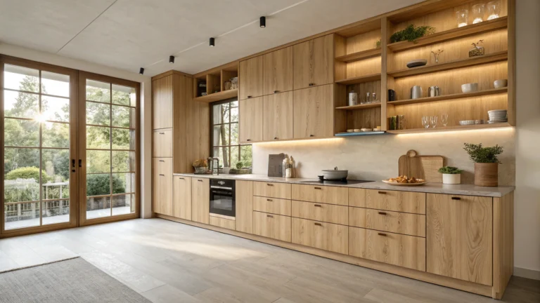 Japandi Kitchen Cabinet Design: Stunning No-Handle Wood Shelving