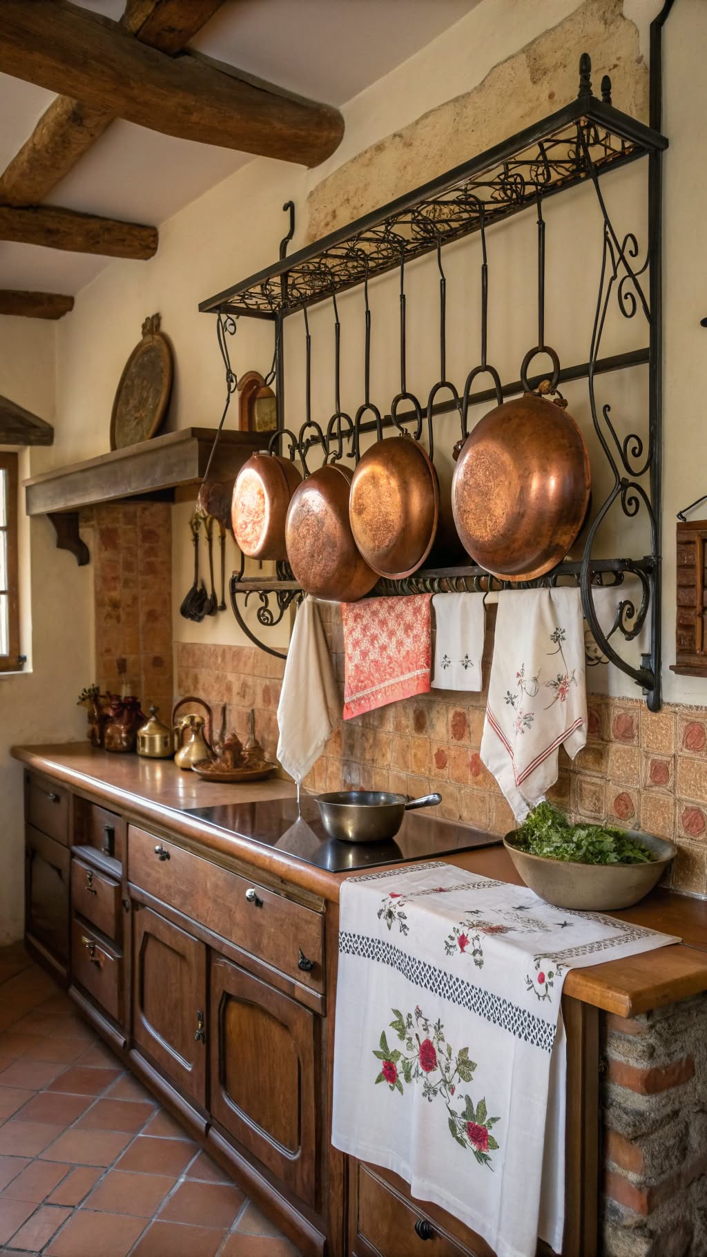 10. Antique Copper Pots and Pans Display