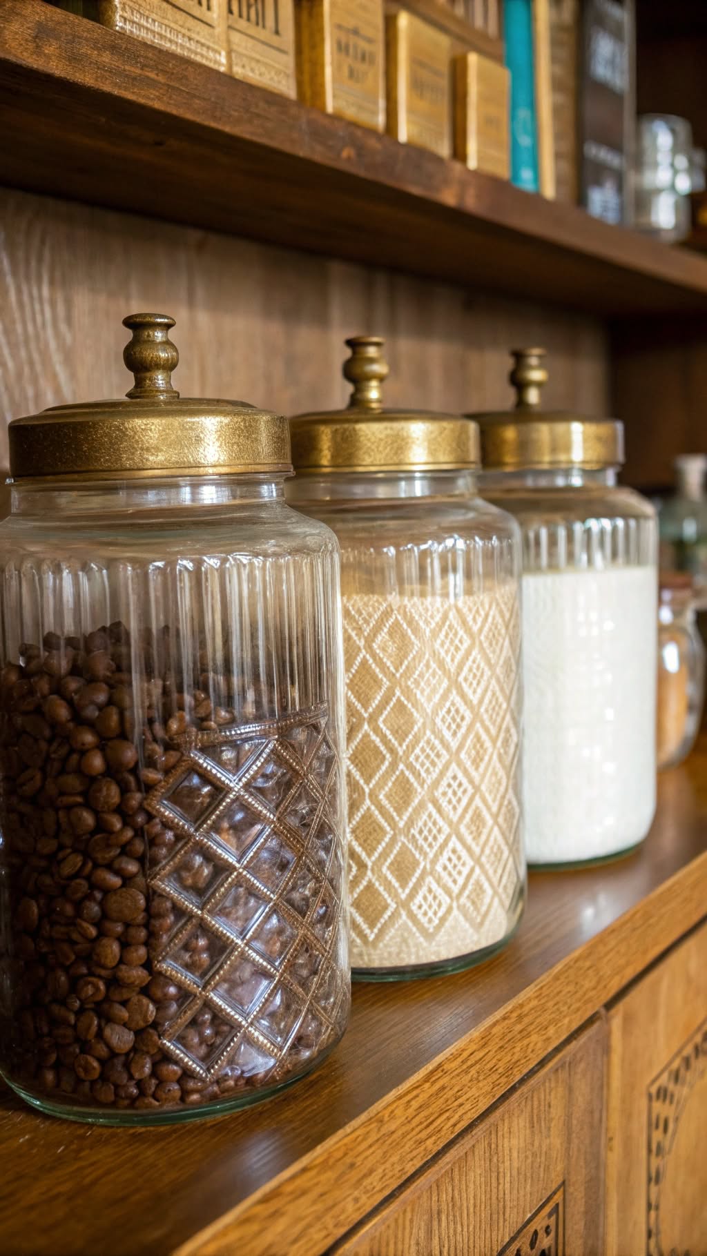12. Vintage Glass Canisters with Brass Lids