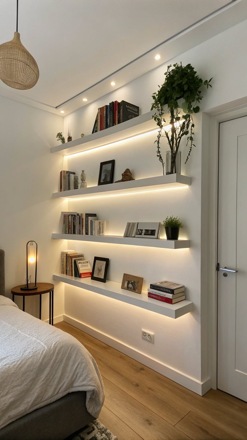 19. Minimalist Floating Shelves with Built-In Lighting