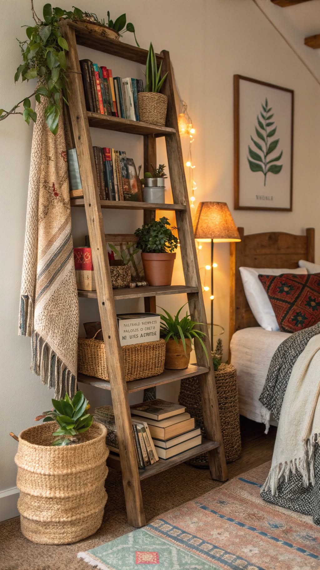 20. Rustic Ladder Shelf for a Boho Vibe