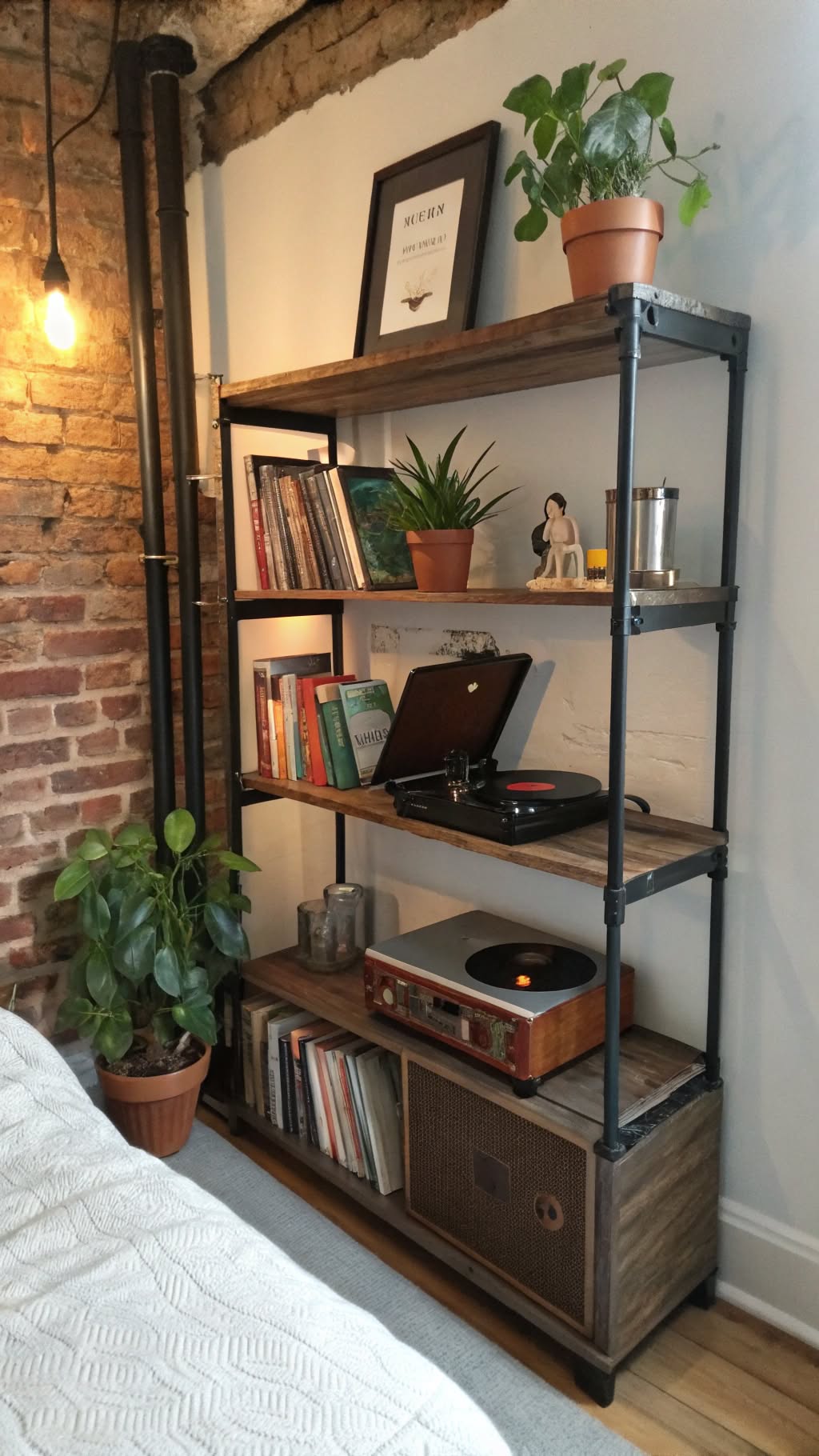 8. Industrial Pipe Shelving for a Bold Statement