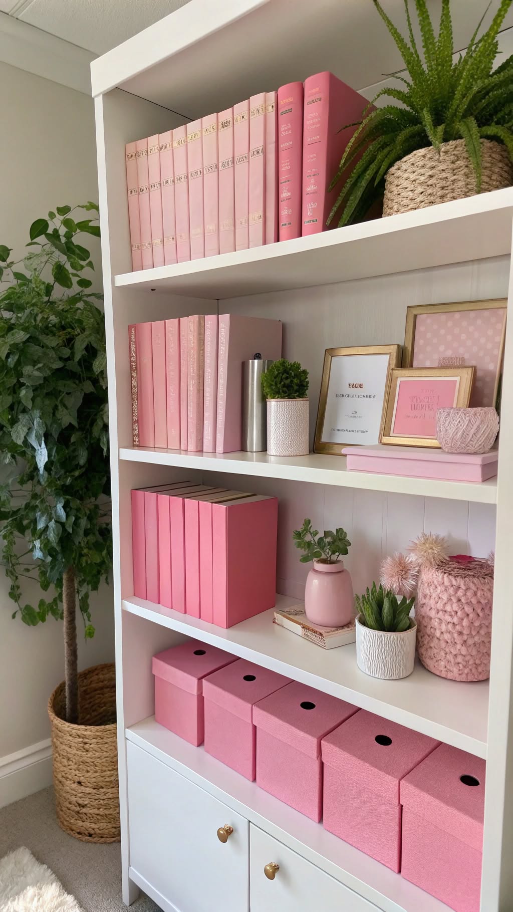 8. Pink Bookshelf Decor