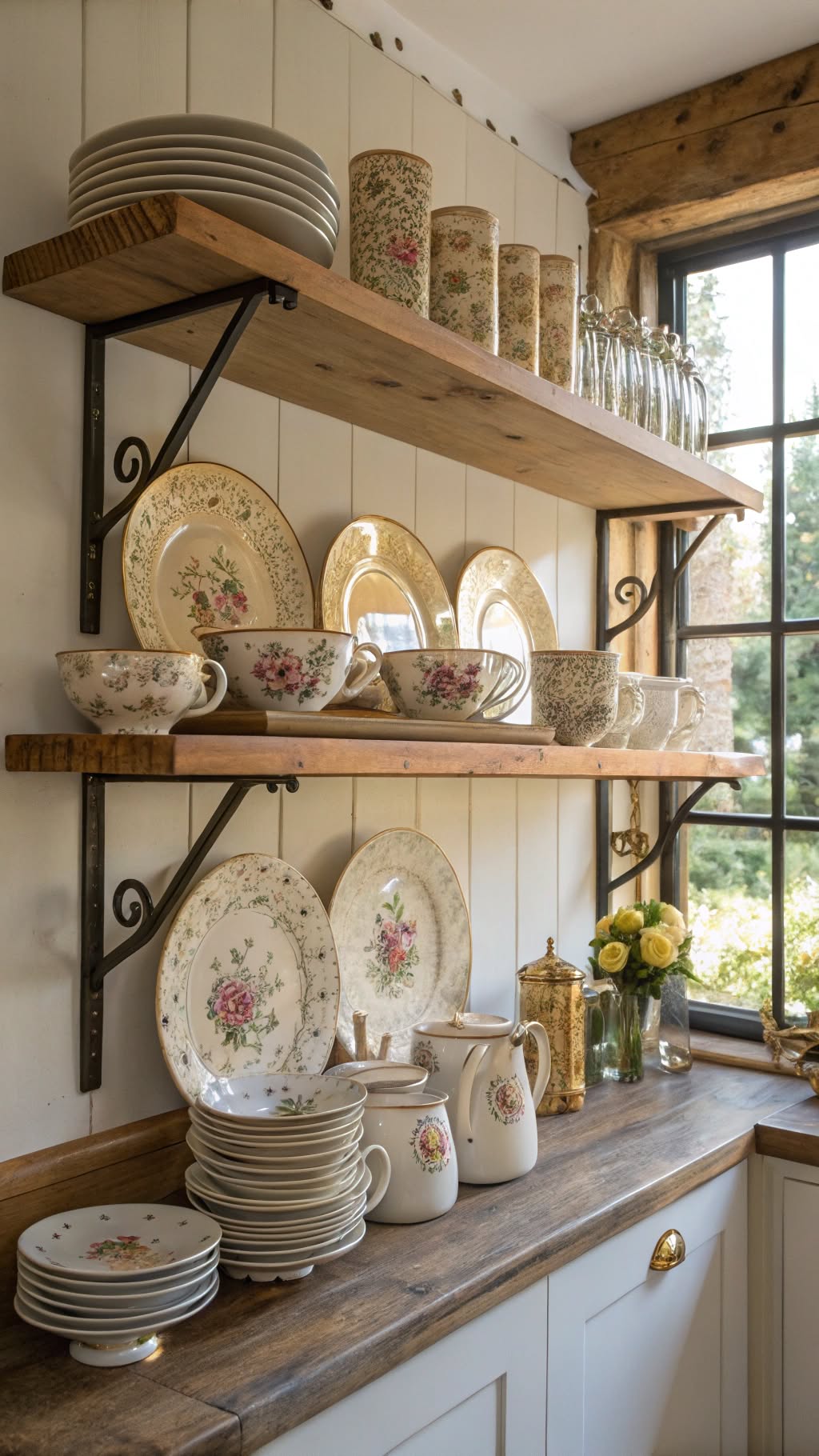 9. Open Shelving with Vintage Dishes and Glassware