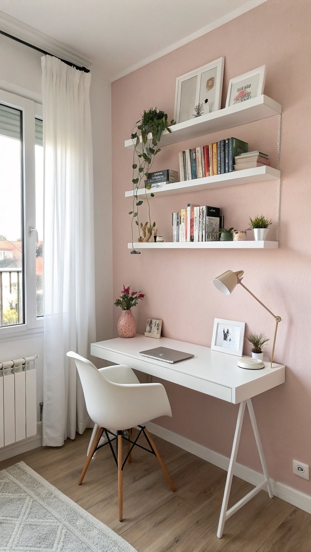 10. Blush Pink Accent Wall with Floating Shelves