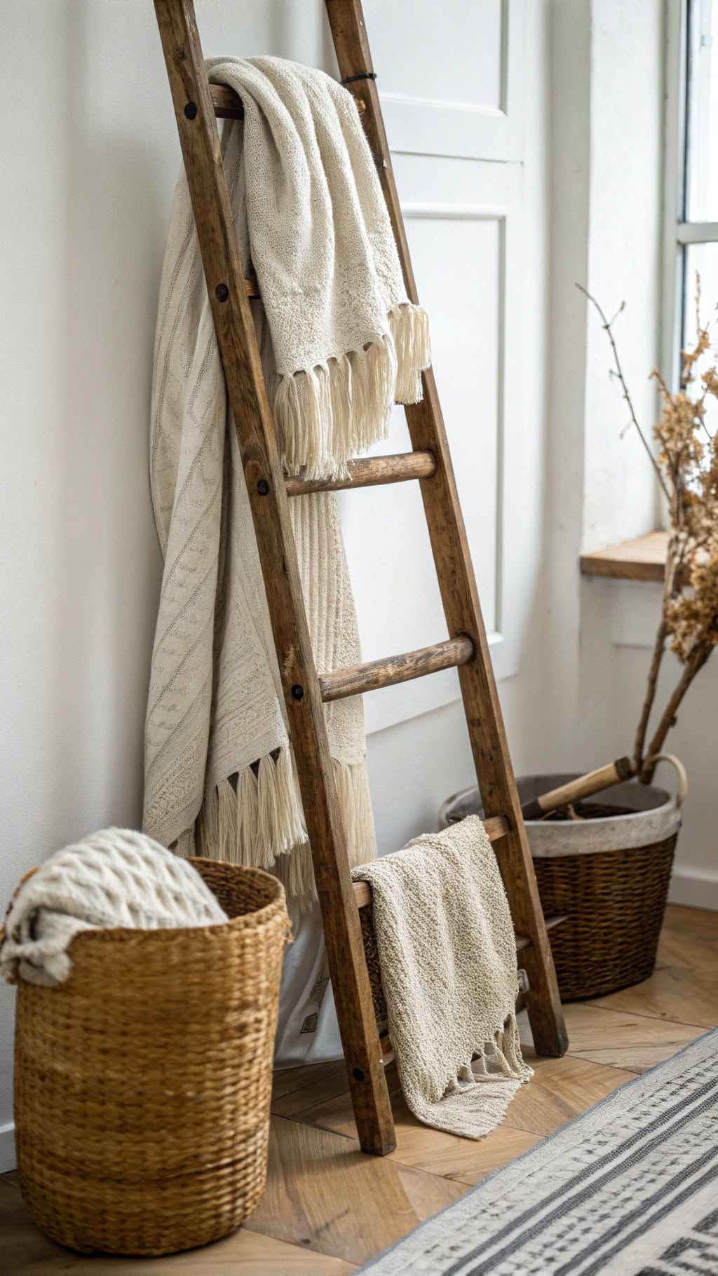 10. Repurpose an Old Ladder as a Blanket Rack