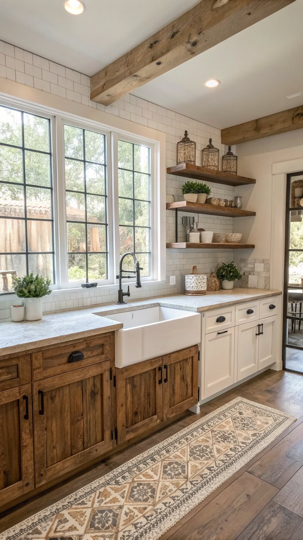 10. Rustic Wood Base with White Uppers for a Cozy Feel