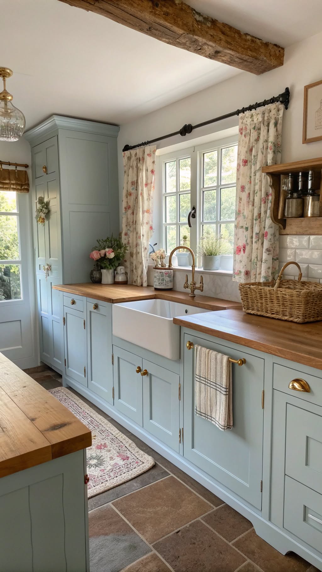 10. Soft Blue Cabinets with Warm Wood Tones