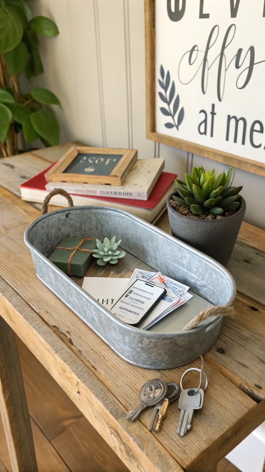 13. Use a Galvanized Metal Tray for Keys and Mail