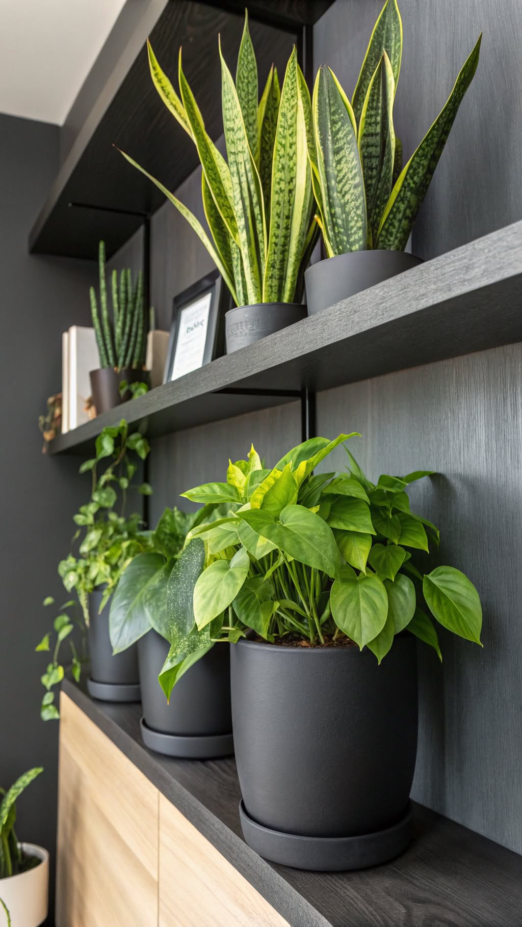 15. Shadowy Greenery with Dark Pots