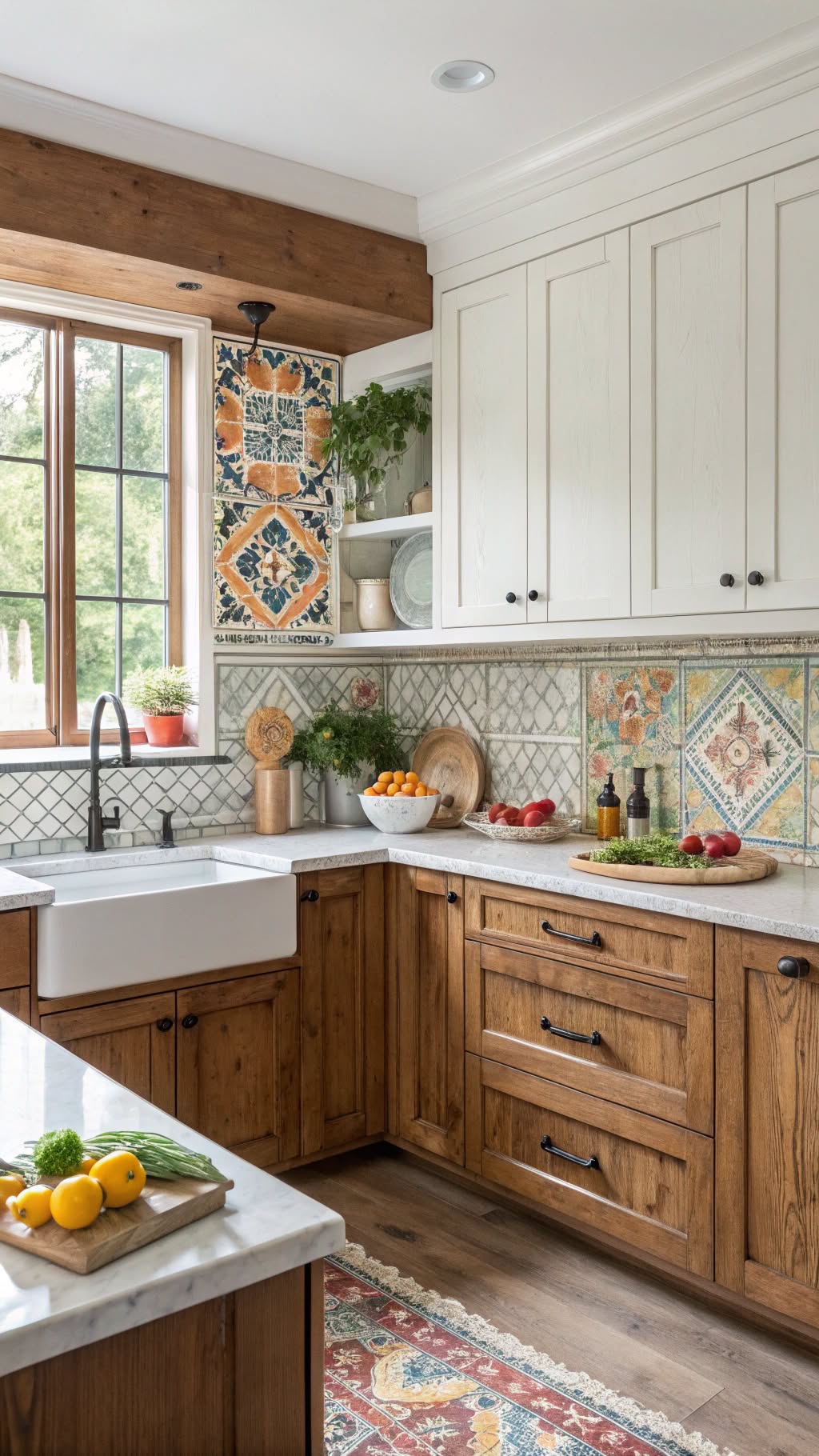17. Two-Tone Cabinets with a Patterned Backsplash