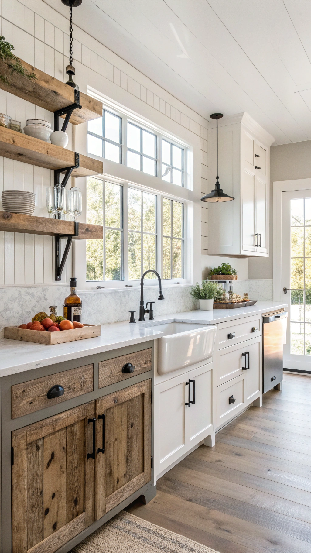 19. Rustic Charm with White Uppers and Weathered Wood Lowers