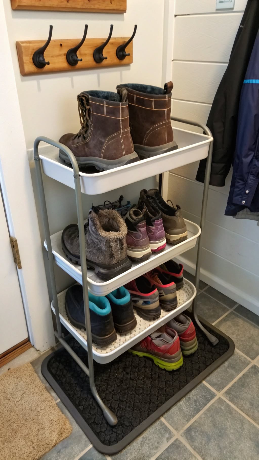20. Use a Tiered Shoe Tray for Wet Footwear
