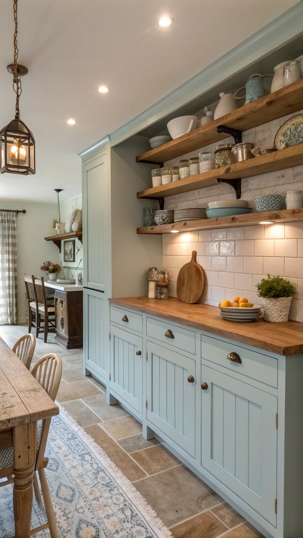 2. Soft Blue Cabinets with Warm Wood Accents