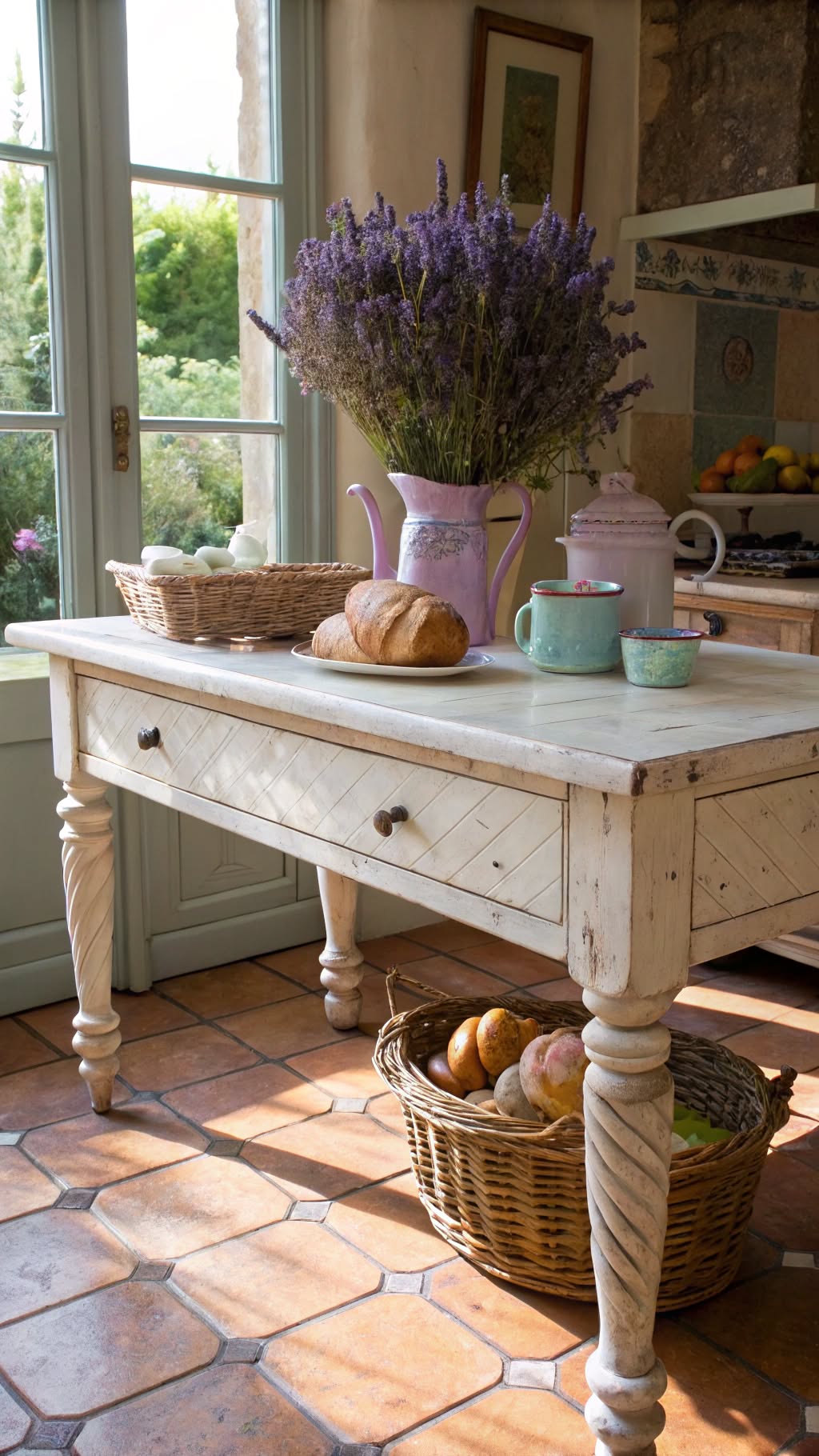 31. Distressed White Table with Turned Legs