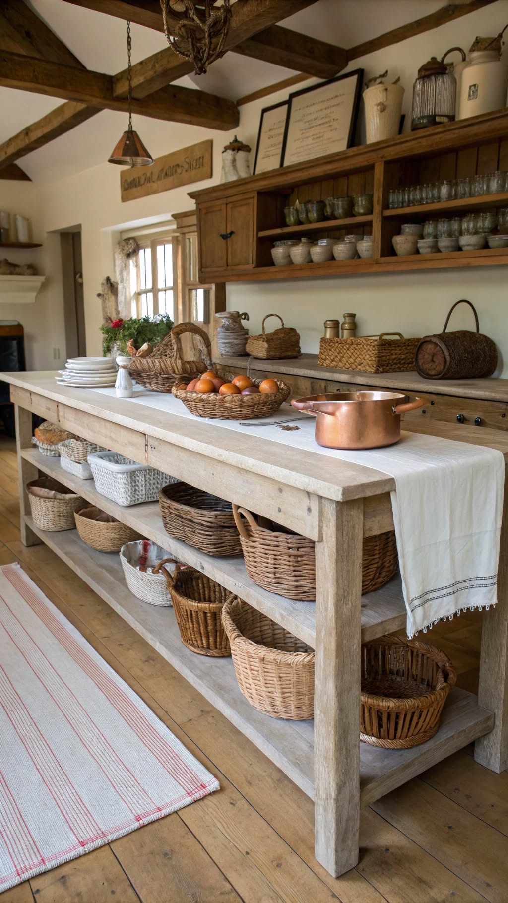 35. Rustic Bench-Style Table with Open Shelving