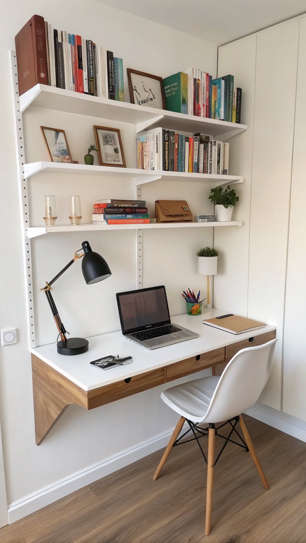 3. Floating Desks with Built-In Shelves
