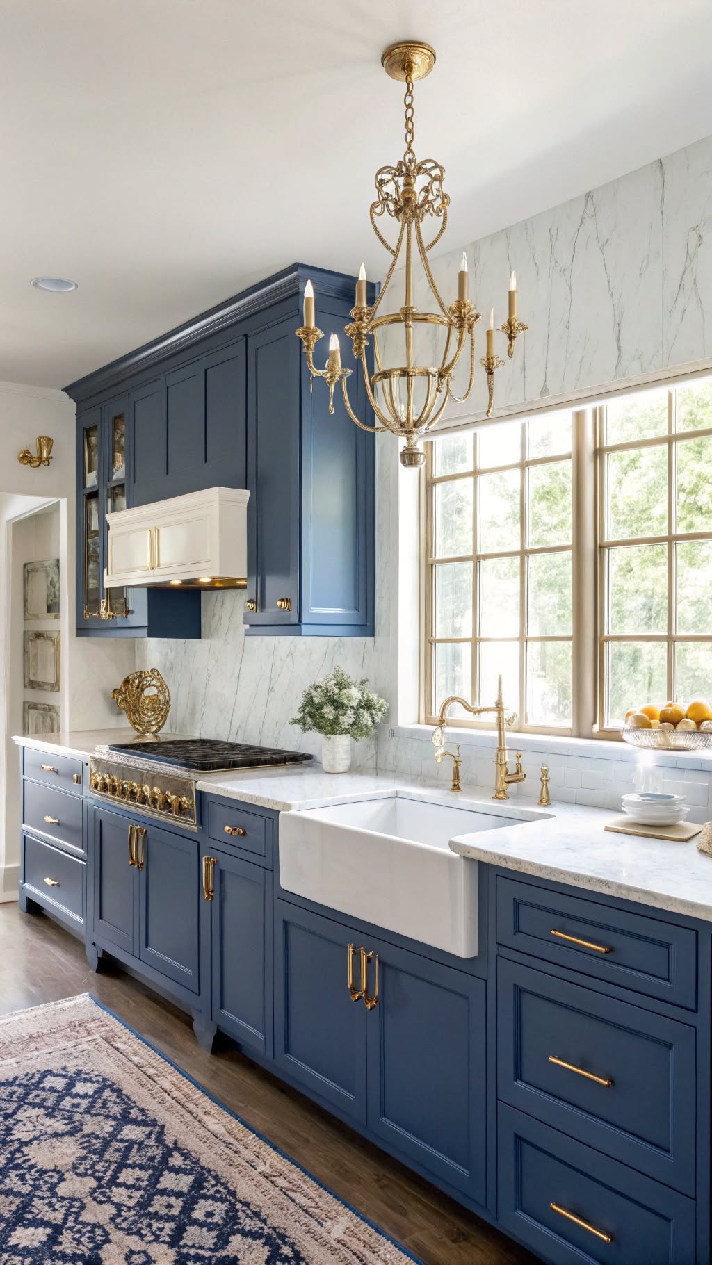 4. Bold Royal Blue Cabinets with Gold Details