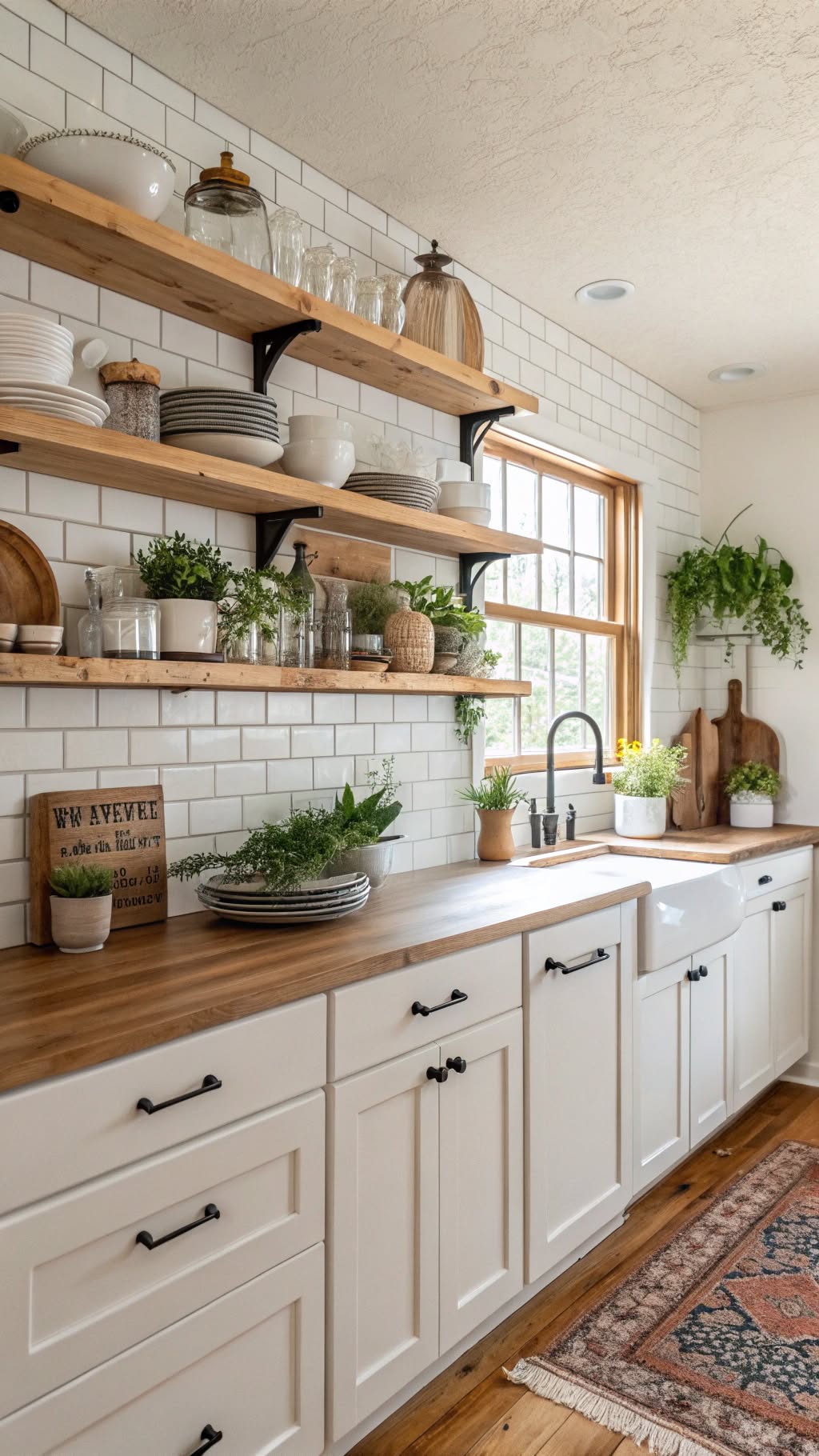 4. White Upper Cabinets with Wood Open Shelving