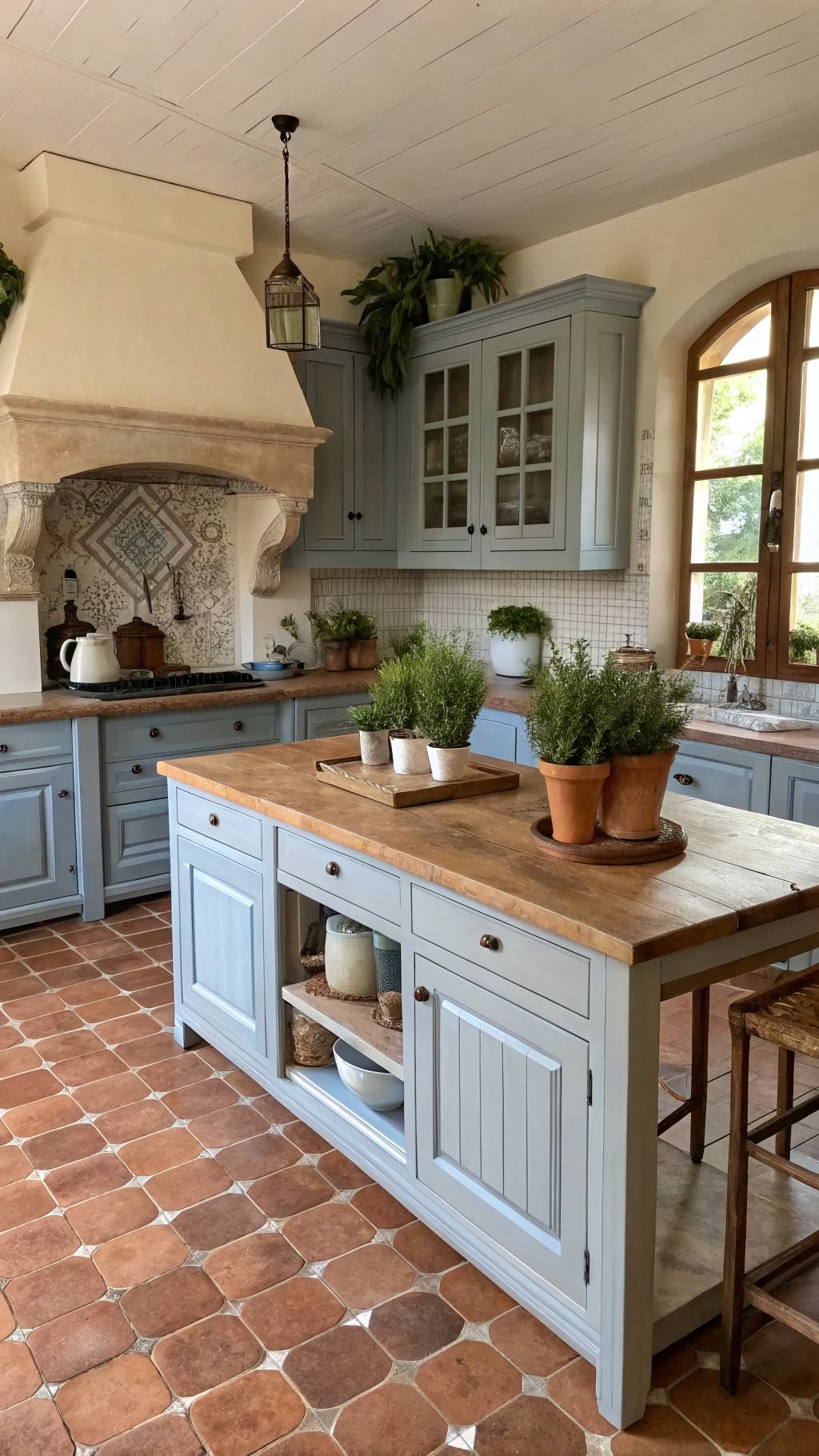 5. Dusty Blue Cabinets with Terracotta Tiles