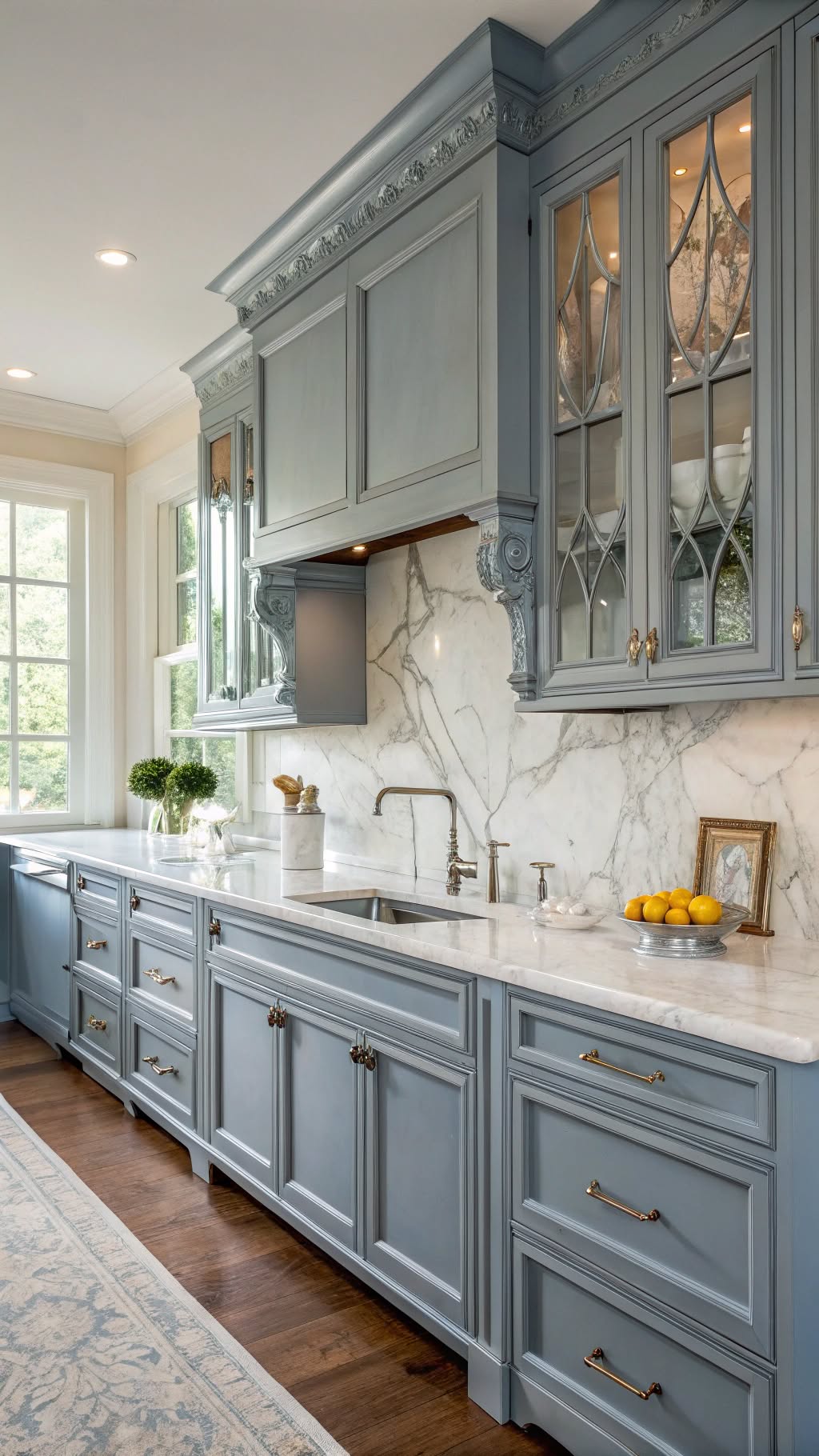 6. Blue-Gray Cabinets with Marble Countertops