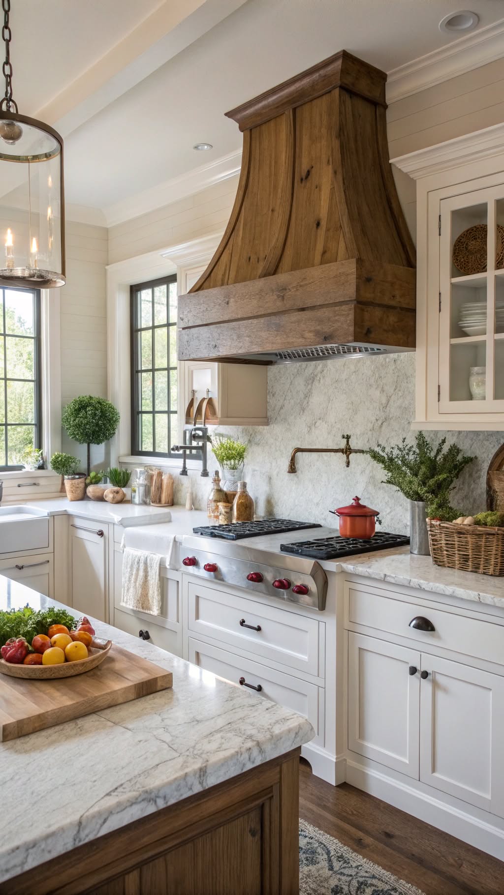 6. White Cabinets with Wood Range Hood