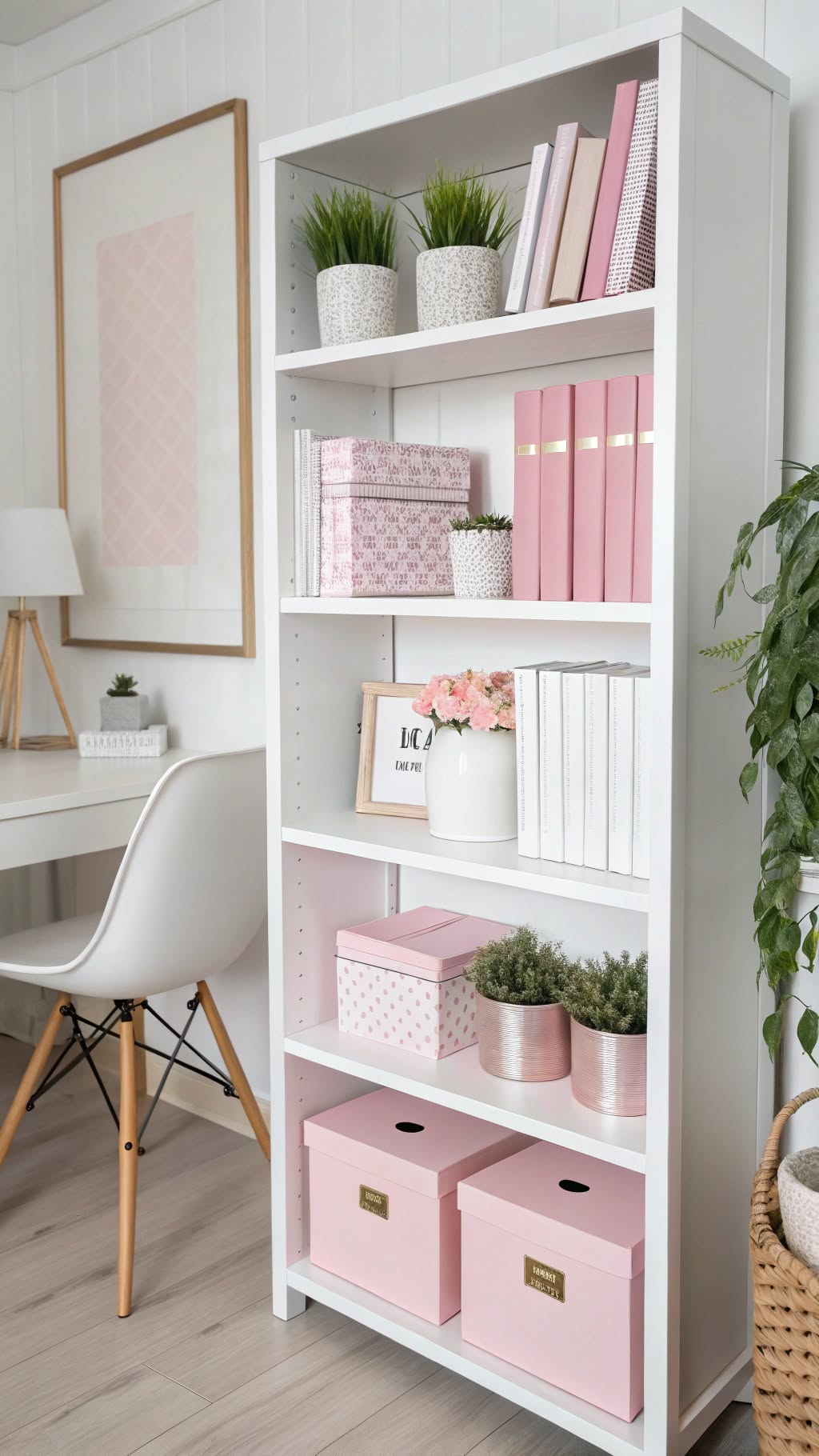 7. Pink and White Bookshelf Styling