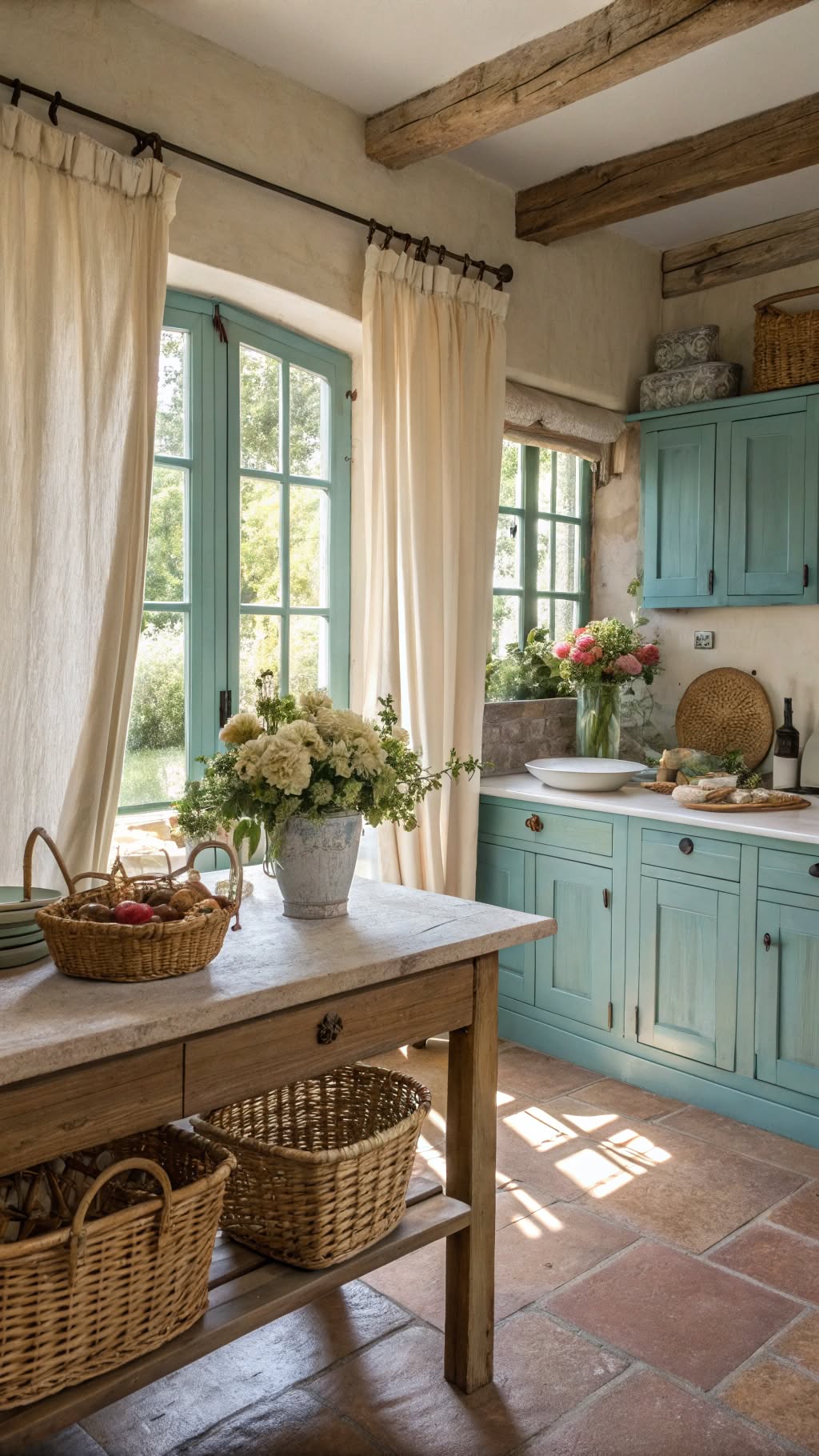 7. Turquoise Cabinets with Natural Linen Textures