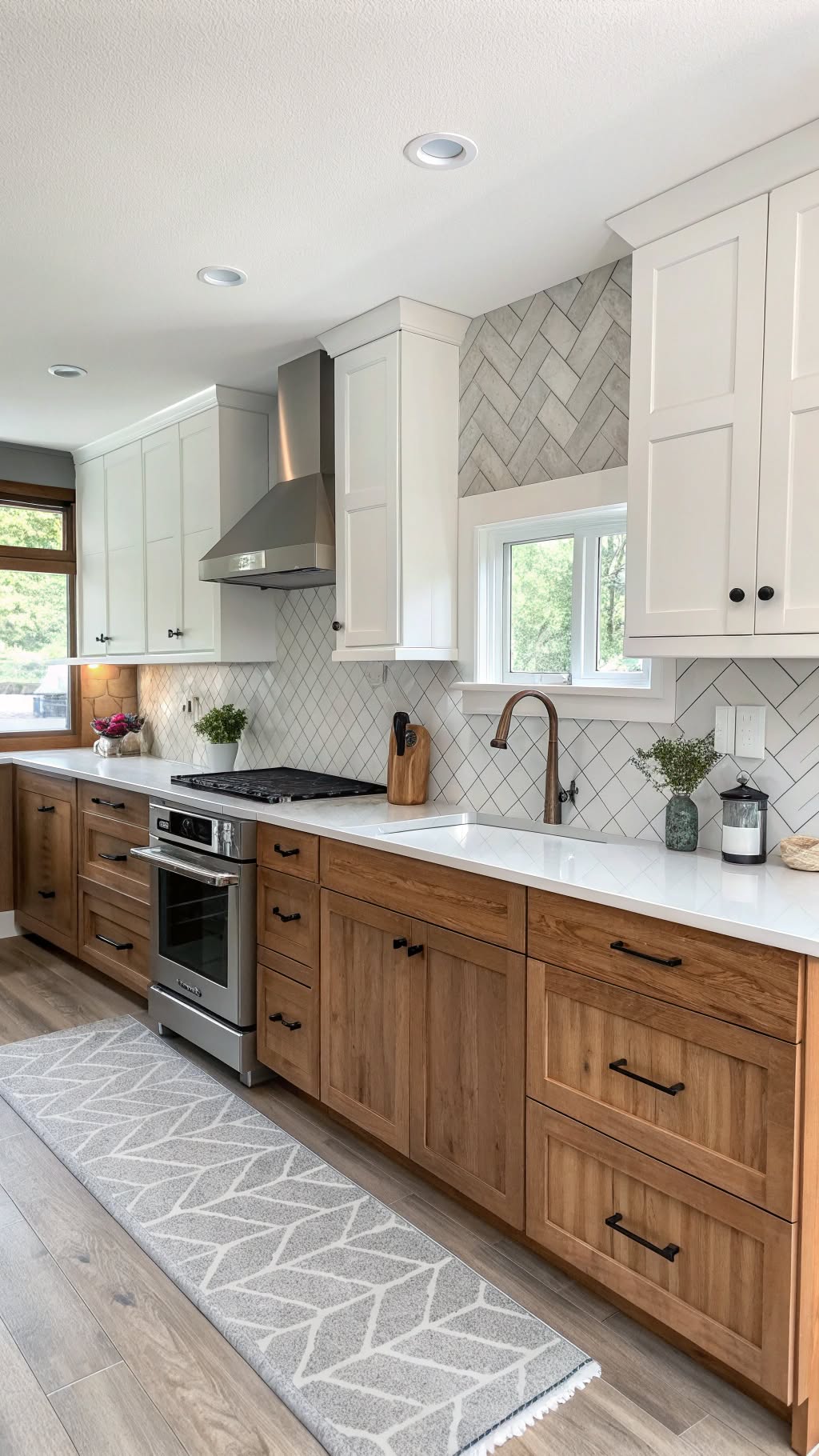 7. Two-Tone Cabinets with Herringbone Backsplash