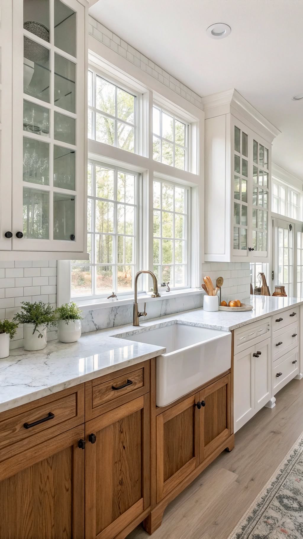 9. Two-Tone Cabinets with Glass Fronts