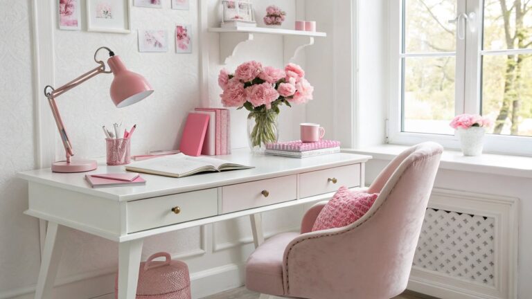 Pink Office Decor : Stunning White And Pink Home Office Ideas