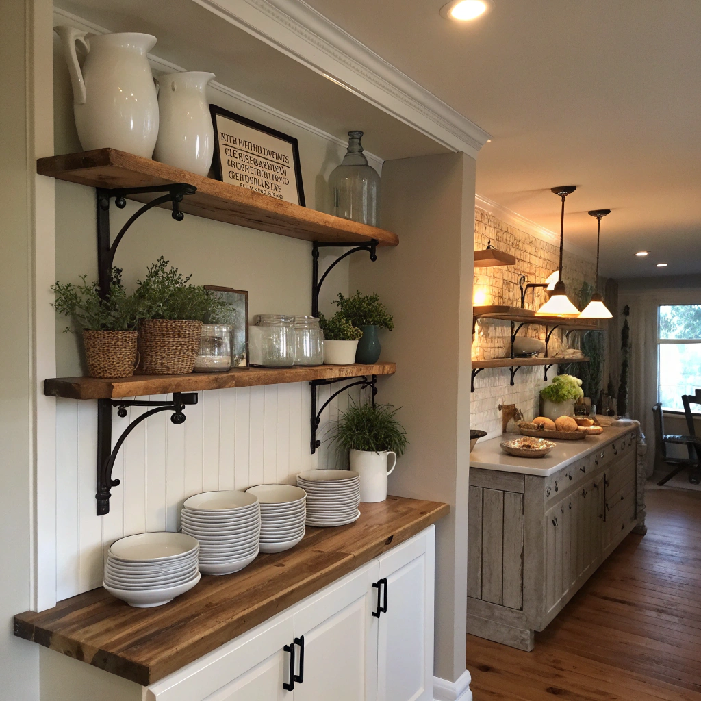 1. Rustic Open Shelving for Small Farmhouse Charm