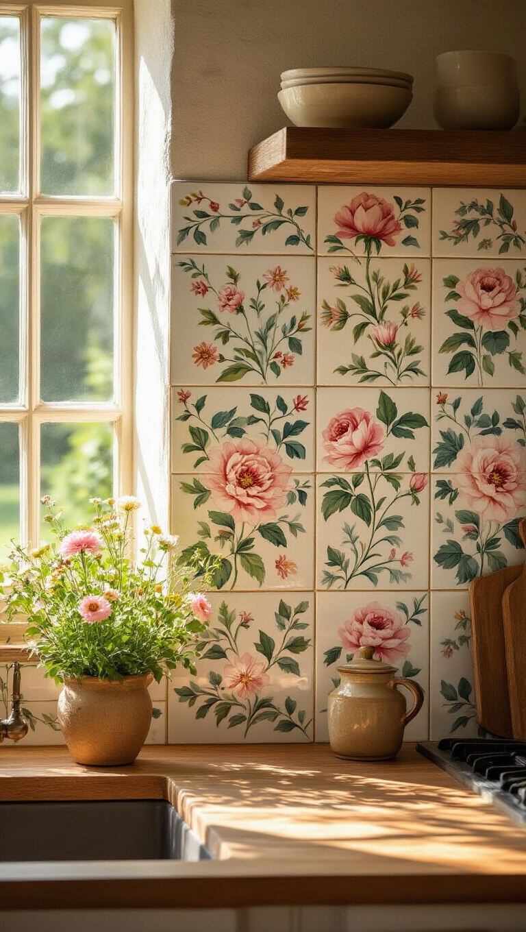 7. Hand-Painted Floral Tiles for a Touch of Elegance