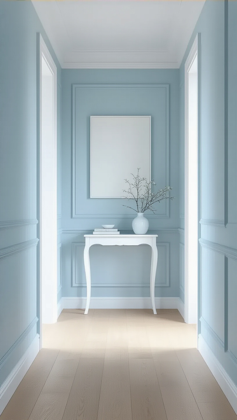 10. Serenity with Light Blue Hallway and Minimalist White Accents